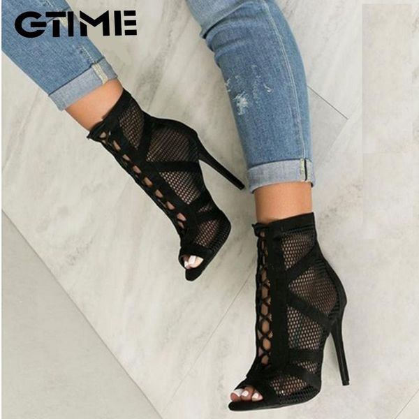 

boots 2021 fashion basic sandals women high heels pumps hollow out mesh lace-up cross-tied party shoes, Black