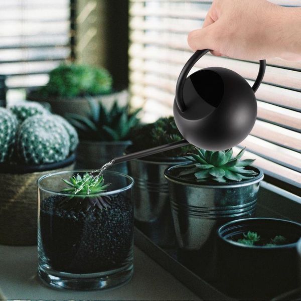 

black spherical watering pot metal can with round handle long spout for succulent bonsai office garden flower equipments