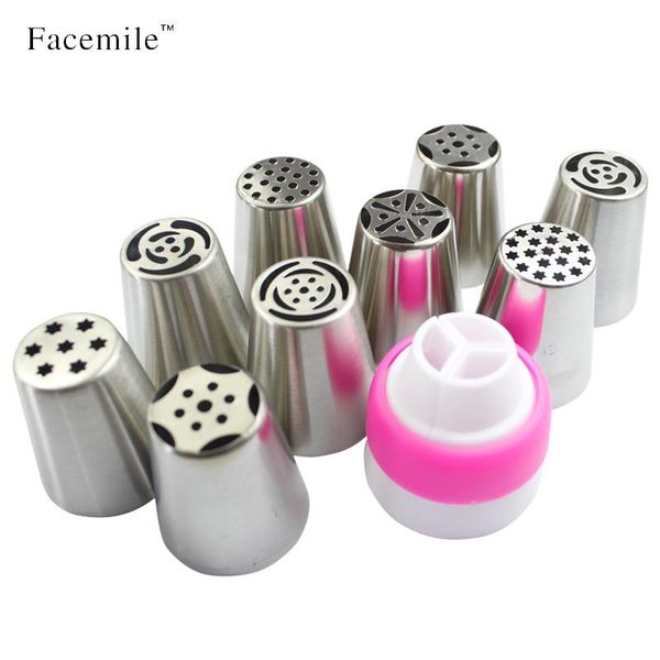 

cake tools facemile 9pcs russian tulip nozzle + 1 tri-color coupler icing piping tip cupcakes flower pastry decoration tool 52047
