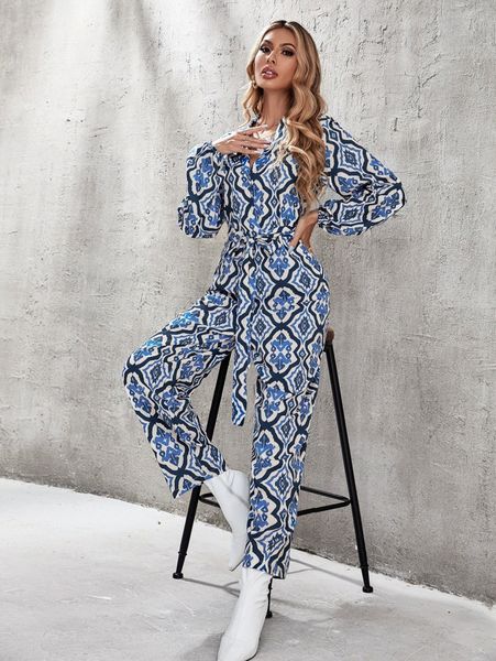 

allover print lantern sleeve belted jumpsuit x2d3#, White