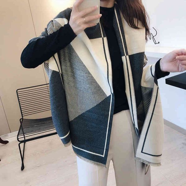 

hat scarf glove set 2021 imitation cashmere shawl women's autumn and winter korean color matching geometric thickened wool dual-purpose, Blue;gray