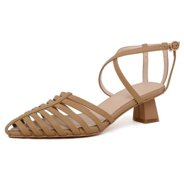 

summer genuine leather pointed toe med heels simple style mature young lady buckle straps mules sandals women l18, Black