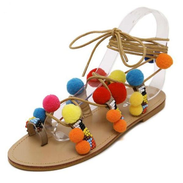 

bohemia women flat lace up gladiator pom sandals ankle wrap beading toe cute ball native summer shoes dropship, Black