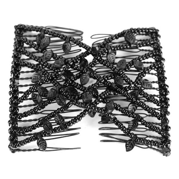 

bangle women's hair accessory leaves beads double comb clip stretchy hairpin, Black