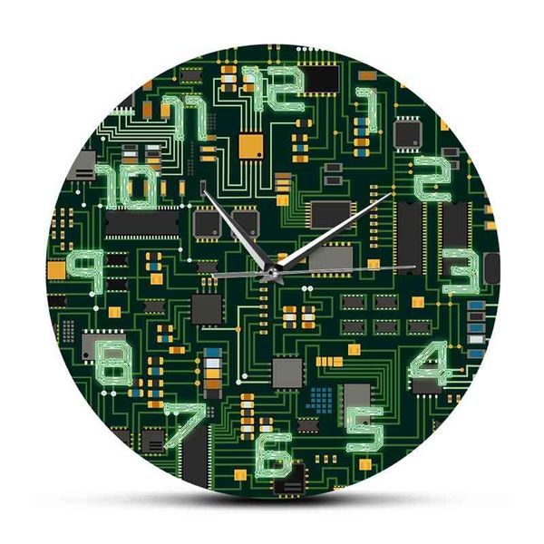 Computer Elektronische Chip Platine Geeky Wanduhr Grün PC Platine Druck Kunst Wanduhr Ingenieur Geschenk Büro Dekor 210401