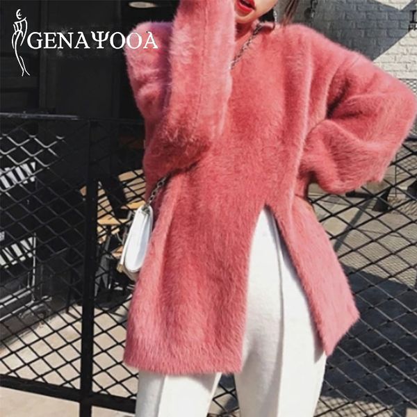 

genayooa split cashmere women winter pullover solid knit o neck sleeve womens sweater long loose soft jumper ladies 210417, White;black