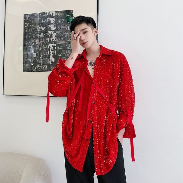 

men's casual shirts spring autumn black red long sleeve shirt men women sequin lacing oversized blouse nightclub dj singer stage c, White;black