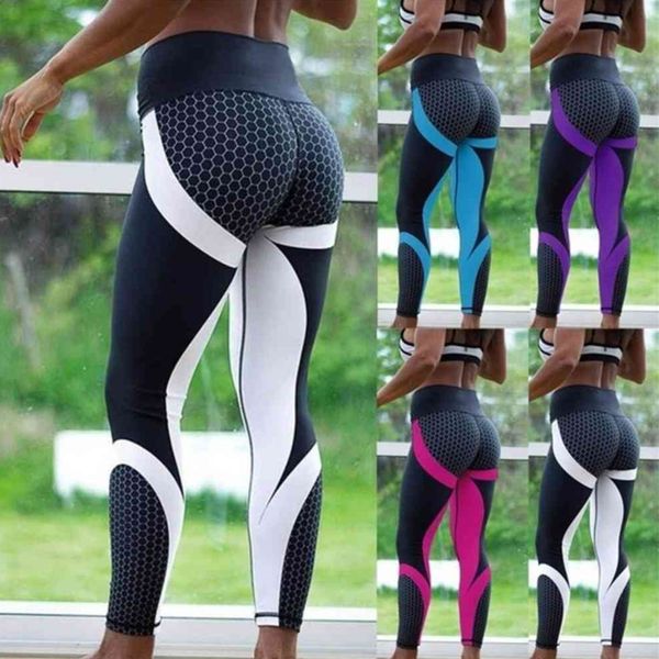 

spring summer honeycomb digital print patchwork women's hip lifting high waist sports yoga leggings fashion ladies gym running pants cl, White
