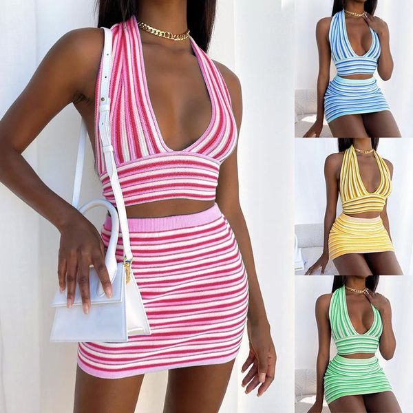 

women's tracksuits women two-piece clothes set ladies striped deep v-neck backless tank and high waist short skirt pink blue yello, Gray