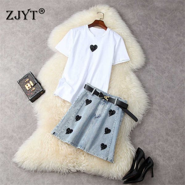 

summer fashion street style 2 piece outfits elegant short sleeve beading white tees+denim skirt suit casual twinset 210601