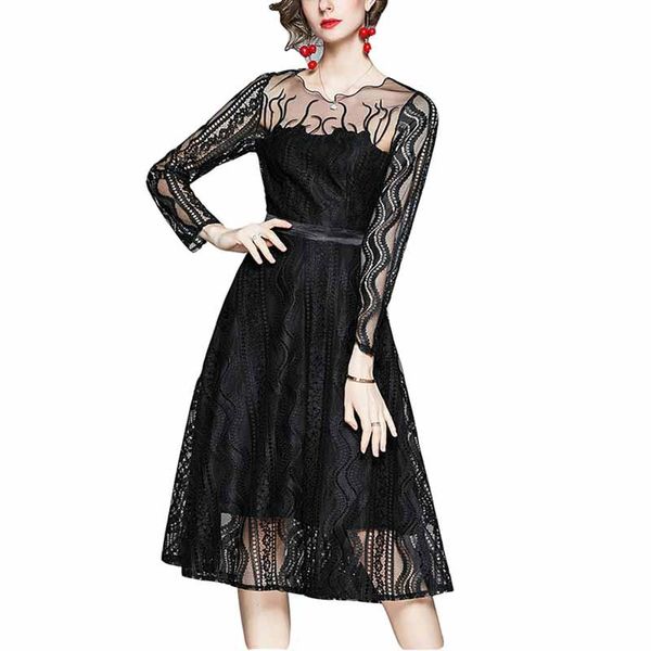 

casual dresses women medium length lightly cooked temperament black dress female 2021 lace fashion hollow waist retro womens nbh105, Black;gray