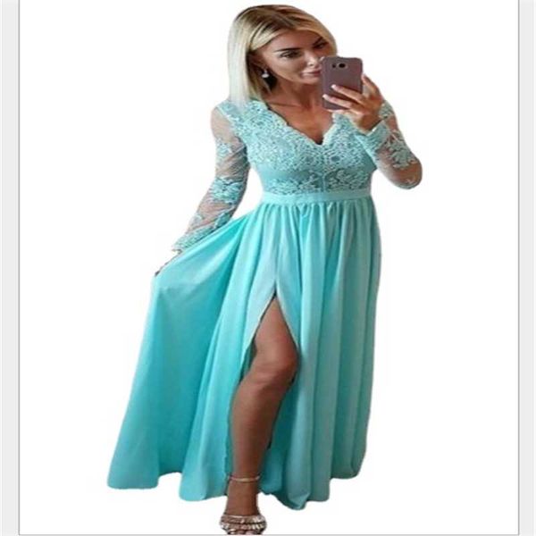 

casual dresses 2021 v neck long sleeve women lace party club maxi dress side split evening vestidos longo, Black;gray