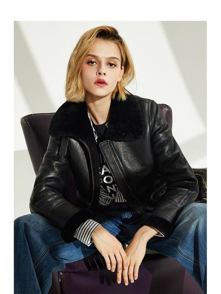 

women's fur & faux fashion genuine wool coat warm winter jacket 2021 korean motorcycle female casacos zjt491, Black