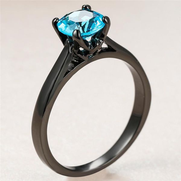 

cute female aqua blue crystal stone ring charm 14kt black gold wedding rings for women punk bride round zircon engagement, Slivery;golden