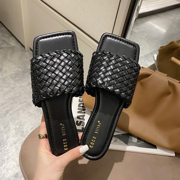 

lattices weaving microfiber women sandals woven open toe flats slippers solid non-slip knitted hollow-out sandalias mujer 2021, Black