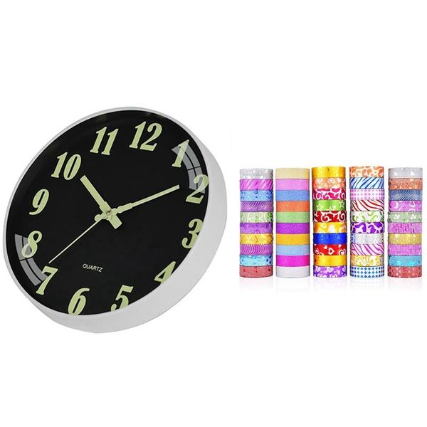 

wall clocks 1x clock luminous number hanging quiet dark glowing & 50 rolls glitter washi tape set