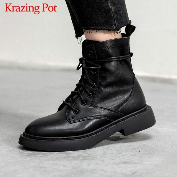 

boots krazing pot full grain leather round toe western high fashion keep warm low heels cross-tied streetwear ankle l2f8, Black