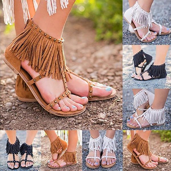 

summer fashion women sandals rivet beach shoe comfortable flat tassel thong roman shoes plus size 42 43 sne-050, Black
