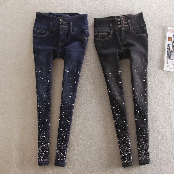 

women's jeans diamond winter plus velvet waist trousers korean slim elastic foot pencil pants, Blue