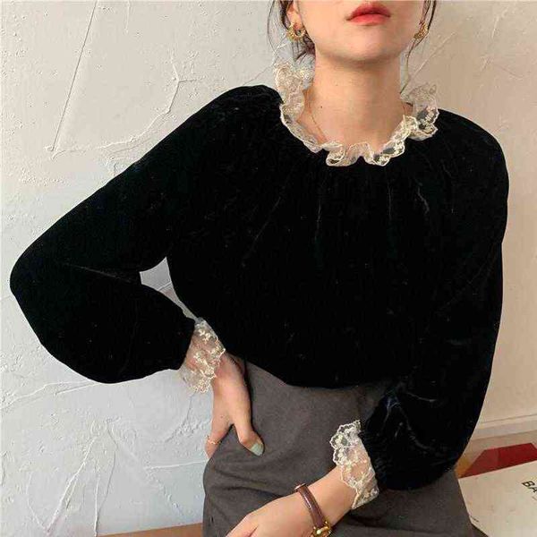 

women shirt autumn winter womens blouses and elegant korean long sleeve lace trim stand collar solid color ladies office, White