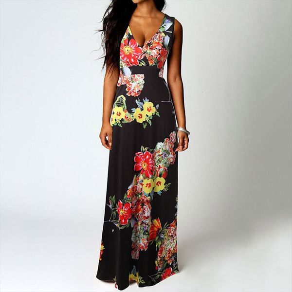 

amp 35 boho maxi womens dresses sleeveless summer beach long party floral dress off shoulder plus size, Black;gray