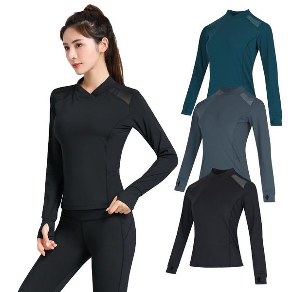

yoga outfit long sleeve patchwork compression women loose elastic workout tee traning fitness running sport thumb hole tshirts