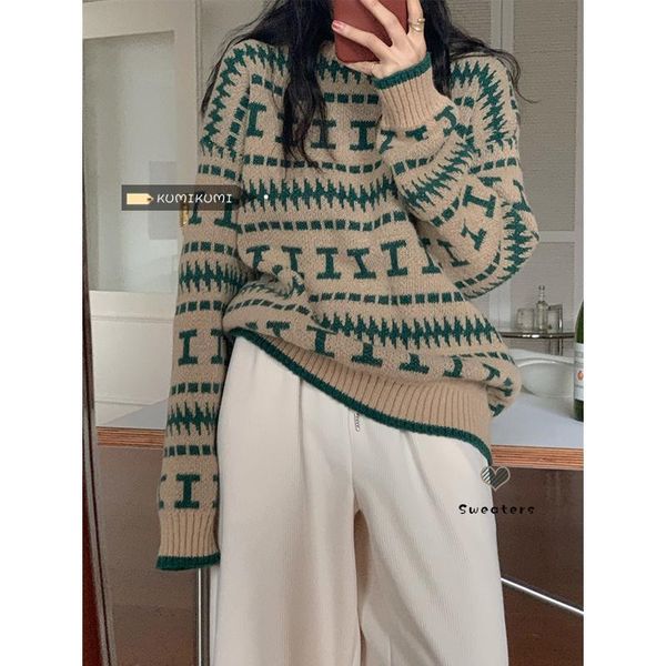 

women's sweaters design sense of minority loose lingge sweater autumn and winter versatile round neck pullover, White;black