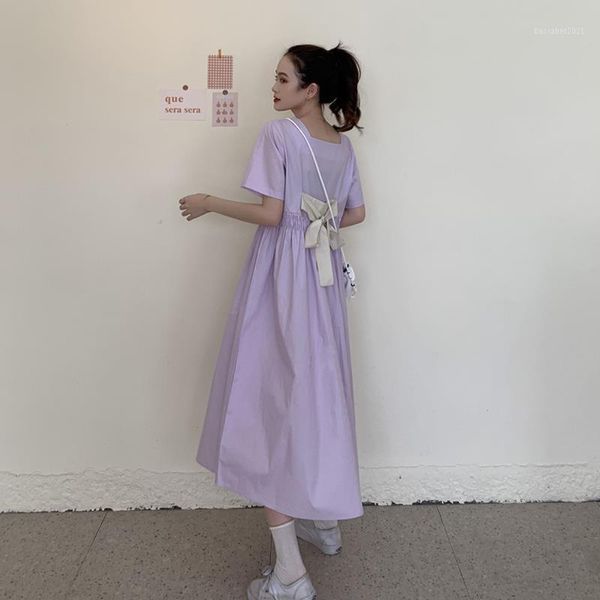 

casual dresses dress short sleeve elastic waist bow square collar mid-calf a-line pleated womens elegant korean summer, Black;gray