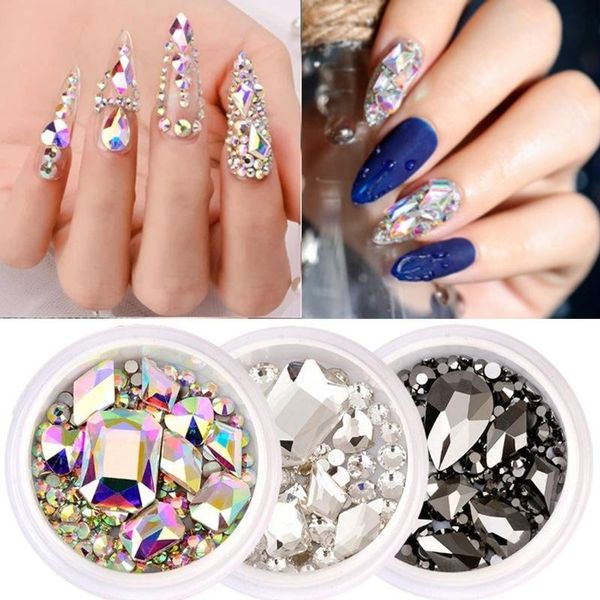 

nail art decorations 1 box glitter rhinestones mixed size shape ab color flat back bottom shiny crystal gems stone beads 3d, Silver;gold