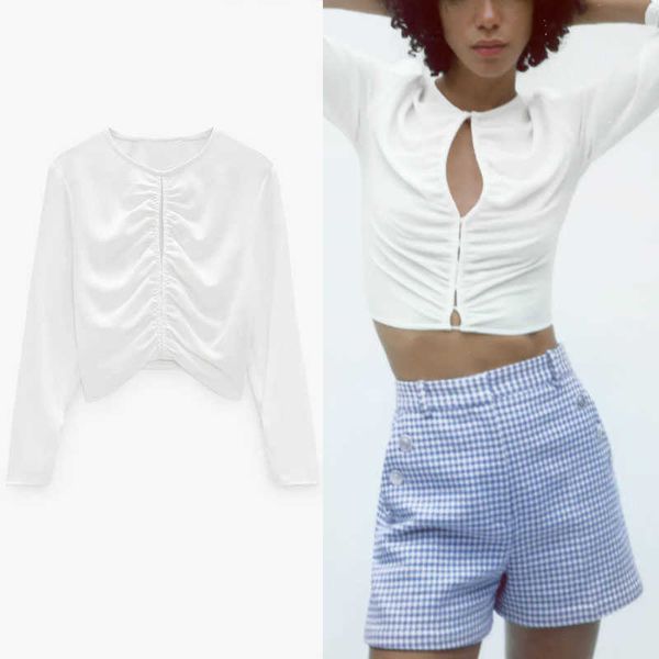

za spring ruched cropped blouse women long sleeve o -neck vintage draped woman chic button up white blouses 210602