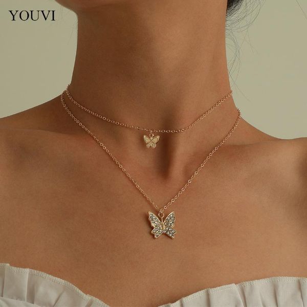 

chains youvi layered crystal butterfly pedants necklace for women bohemia goth jewelry choker collar charm, Silver