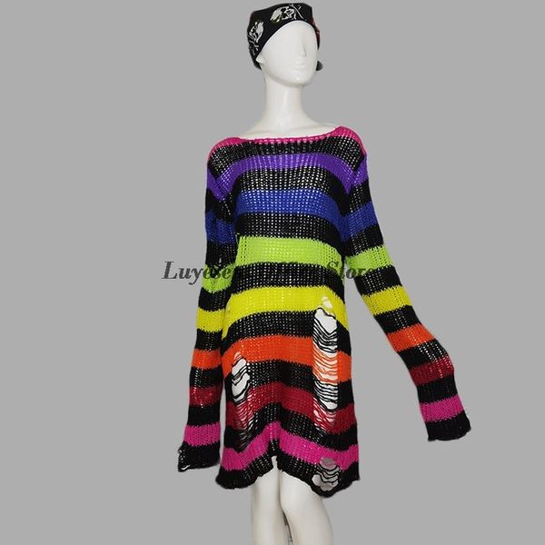 

women rainbow gothic long loose sweater 2021 hipster lady hollow hole split colorful stripe knitwear goth punk knit rock jumpers women', White;black