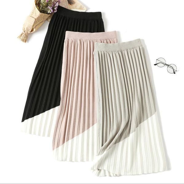 

qooth pleated knit skirts women sweater skirts high waist patchwork midi skirt lady maxi vintage skirt qt195 210518, Black