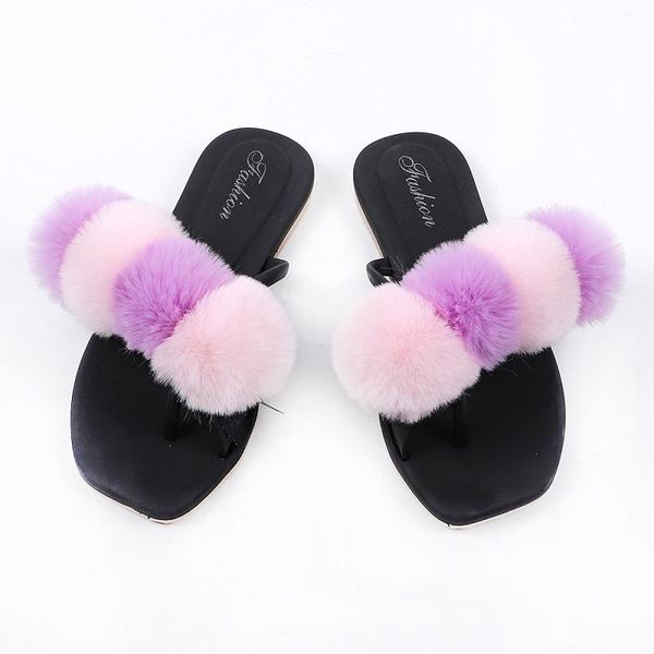 

slippers hairball slides colorful women flats beach shoes sapato feminino casual ladies sandalias mujer tx420, Black