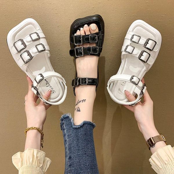 

sandals woman flat shoes 2021 fashion summer round toe mid heel black white buckle basic size 35-40