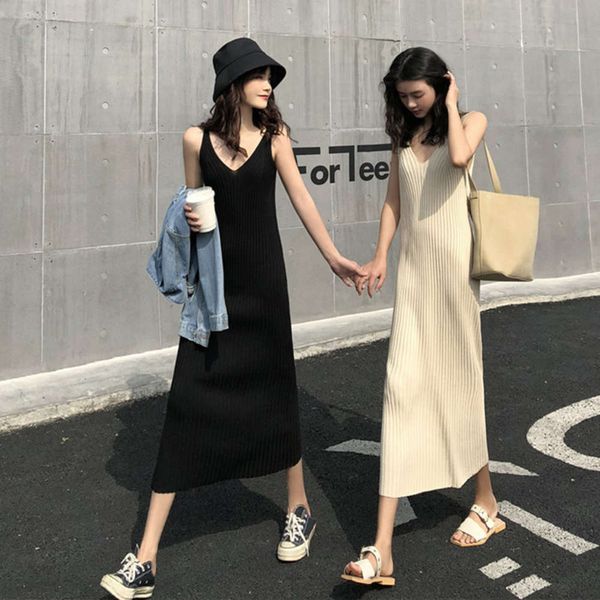 

version of chic in spring with suspender knitted dress, vest bottomed, White;black