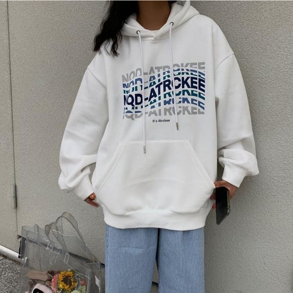

women's hoodies & sweatshirts women winter fleece thick warm letter printed sweatshirt korean style pullovers harajuku casual loose ove, Black