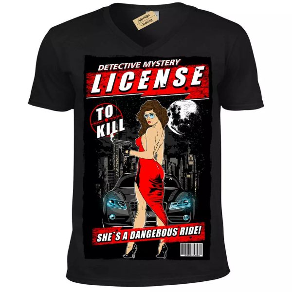 

licencia a matar camiseta detective misterio hombre cuello en v, White;black