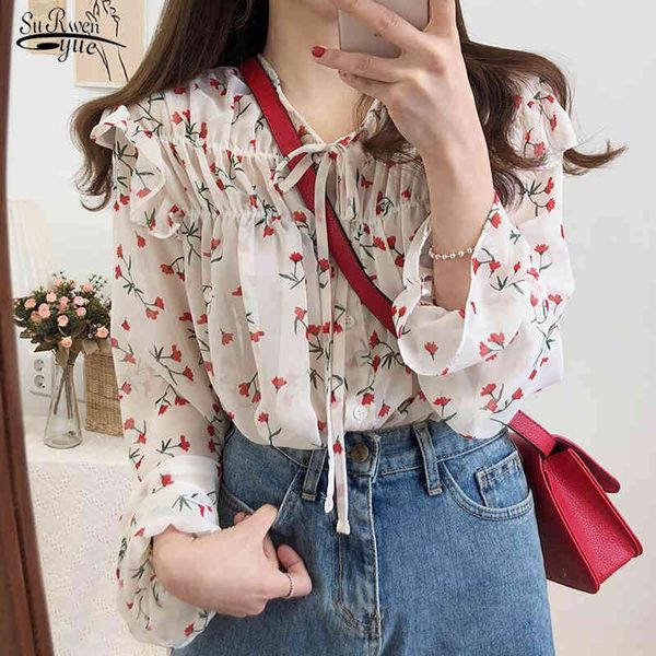

autumn korean style chiffon puff long sleeve blouse women office floral button cardigan shirt blusas mujer 10408 210508, White