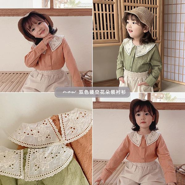 

young girl shirt spring summer 2021 children lace lapel leisure long sleeve shirts, White;black
