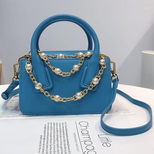 

evening bags 2021 retro pure color pearl chain leather handbag fashion all-match one-shoulder messenger women's small square bag1