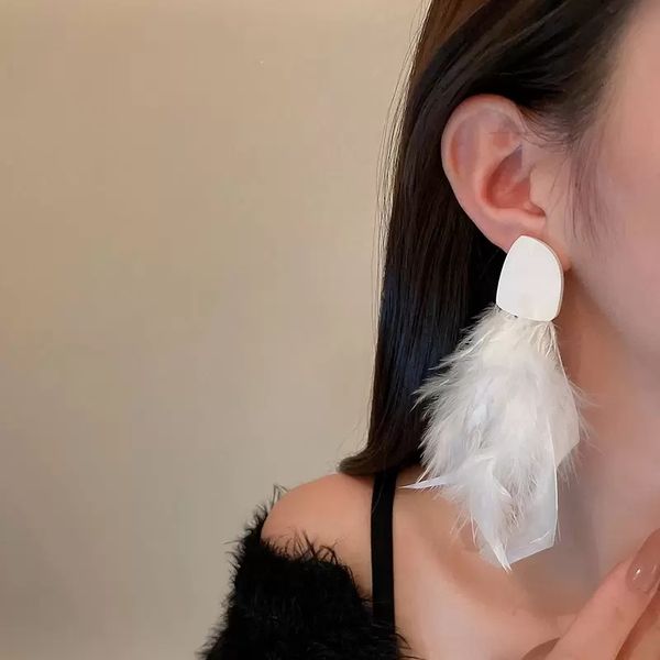 

dangle & chandelier 2021 statement white feather earrings for women personality boho handmade big winter earings, Silver