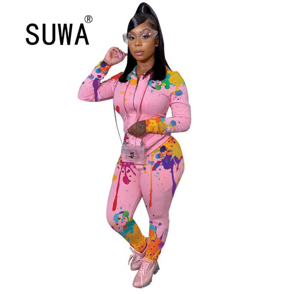 

autumn product tie dye zipper long sleeve coats jacket high waist joggers pants trousers fitness wear women set 210525, White