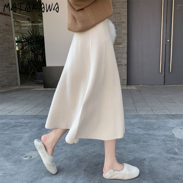 

matakawa high waist a-line wool skirt solid knitted skirt female autumn and winter japanshion fashion woman skirts 210513, Black
