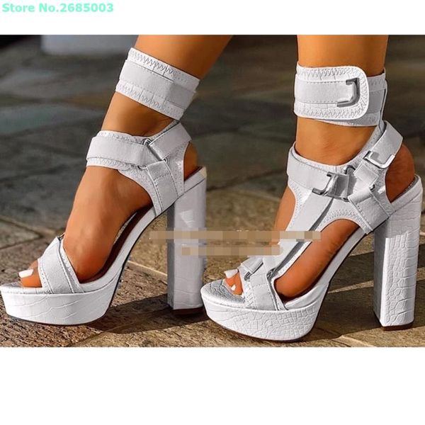 

sandals ankle metal buckle strap square thick heels pointed toe platfrom colorful women summer party dress shoes, Black