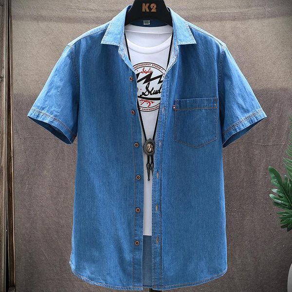 

men's casual shirts summer classic blue denim men short sleeved solid cotton male slim fit pockets jeans shirt, White;black