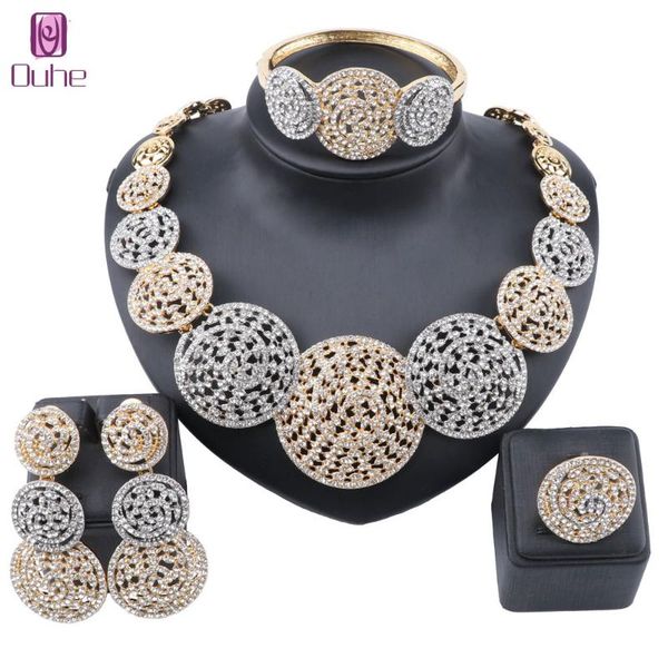 

earrings & necklace exquisite dubai gold wedding bridesmaid full rhinestone round bangle ring party costume jewelry set, Silver
