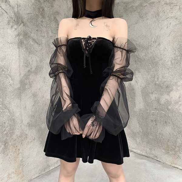 

casual dresses magogo ins gothic long sleeve slash neck dark black dress women's mini, Black;gray