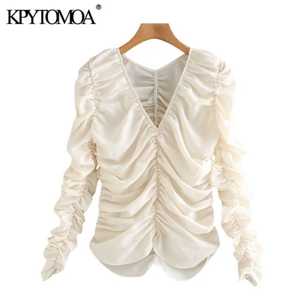 

women fashion with elastic gathering pleated blouses vintage v neck long sleeve female shirts blusas chic 210421, White