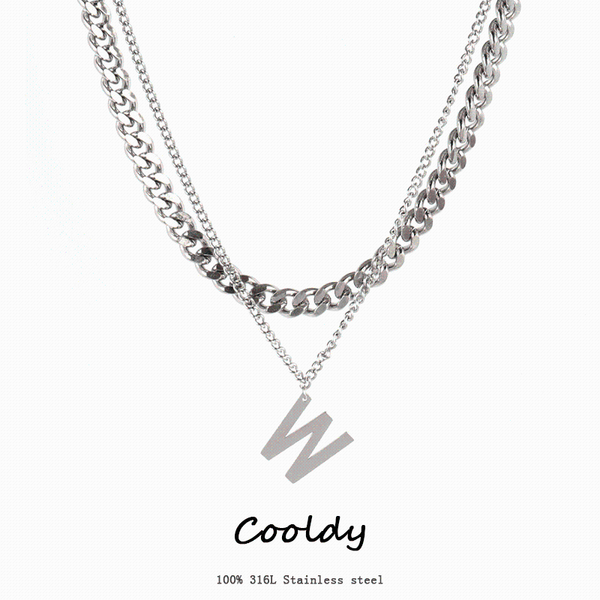 

pendant necklaces double layer necklace punk stainless steel letter metal thick chain for women choker jewelry, Silver